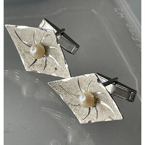 Vintage Mid-Century Modern Sterling Silver & Pearl Sunburst Cufflinks